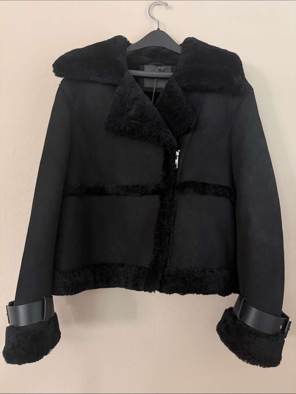 ALLSAINTS Shearling, Suede & Leather Black Jacket Biker/Moto-Inspired NWT Sz L - Picture 3 of 16